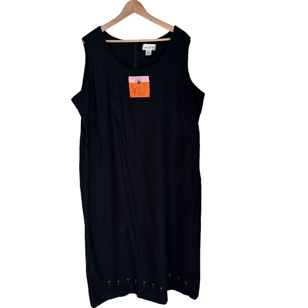 A.K. L. Womens Vintage Black Linen Maxi with Floral Patch Dress Size 3X
